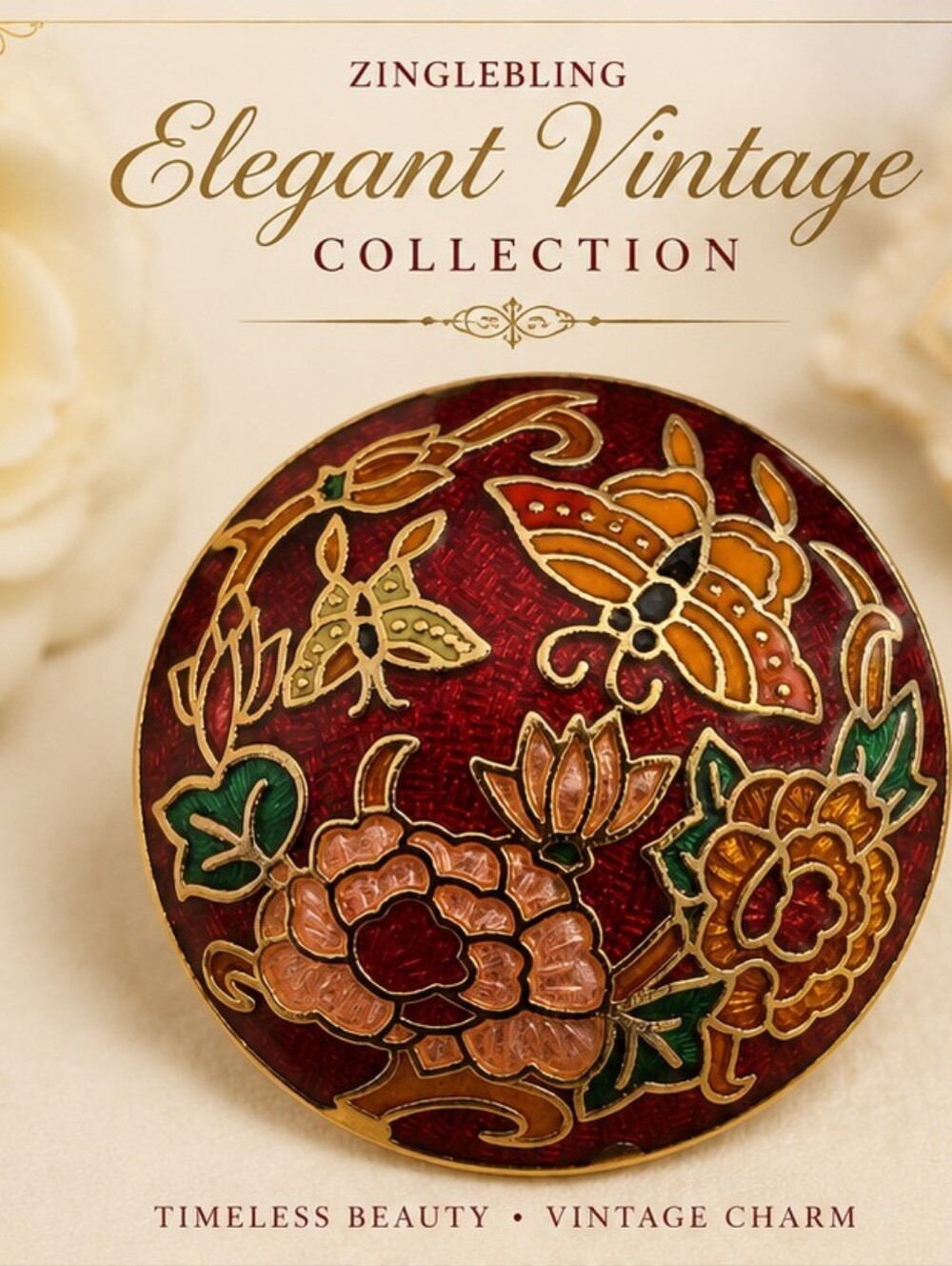Vintage Red Cloisonne Enamel Butterfly Floral Brooch Pin Gold Tone Round